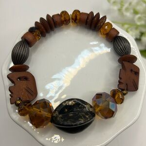 Crystal & Wood Beaded Stretch Bracelet.